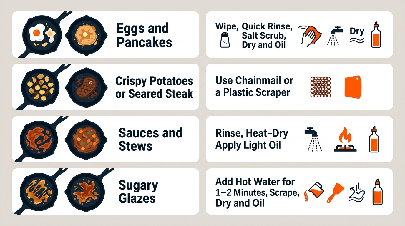 A comparison of cleaning methods for eggs, steak residue, sauces, stews, and sugary glazes in cast-iron cookware.