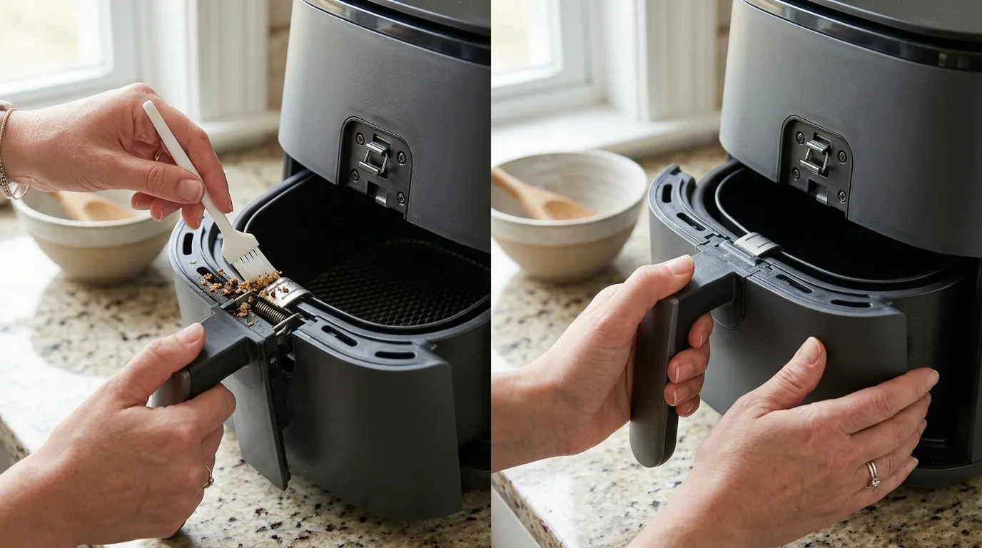 Air fryer basket being correctly seated while the latch area is inspected for crumbs and alignment