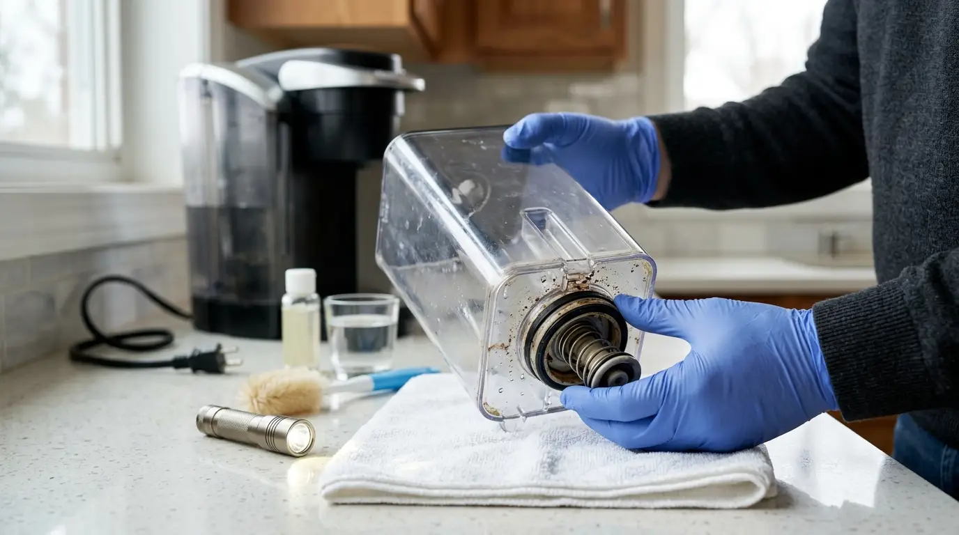 A close-up of an unplugged pod coffee maker reservoir being inspected for cracks, debris, and a damaged bottom valve seal.