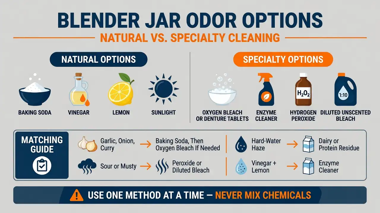 A guide matching garlic, curry, sour smells, hard-water film, and protein residue with suitable natural or specialty blender cleaners.