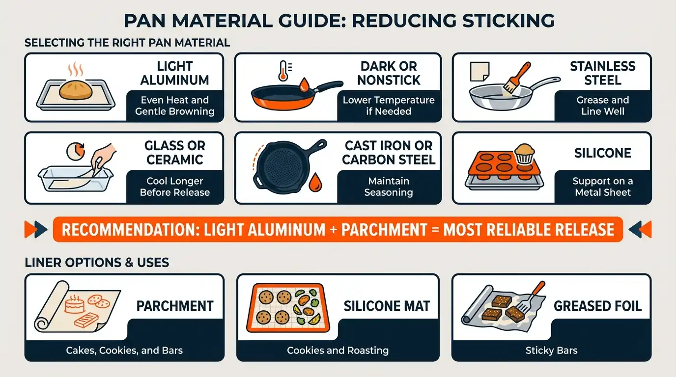 A comparison of aluminum, dark nonstick, stainless steel, glass, ceramic, silicone, parchment, silicone mats, and foil for different baking tasks.