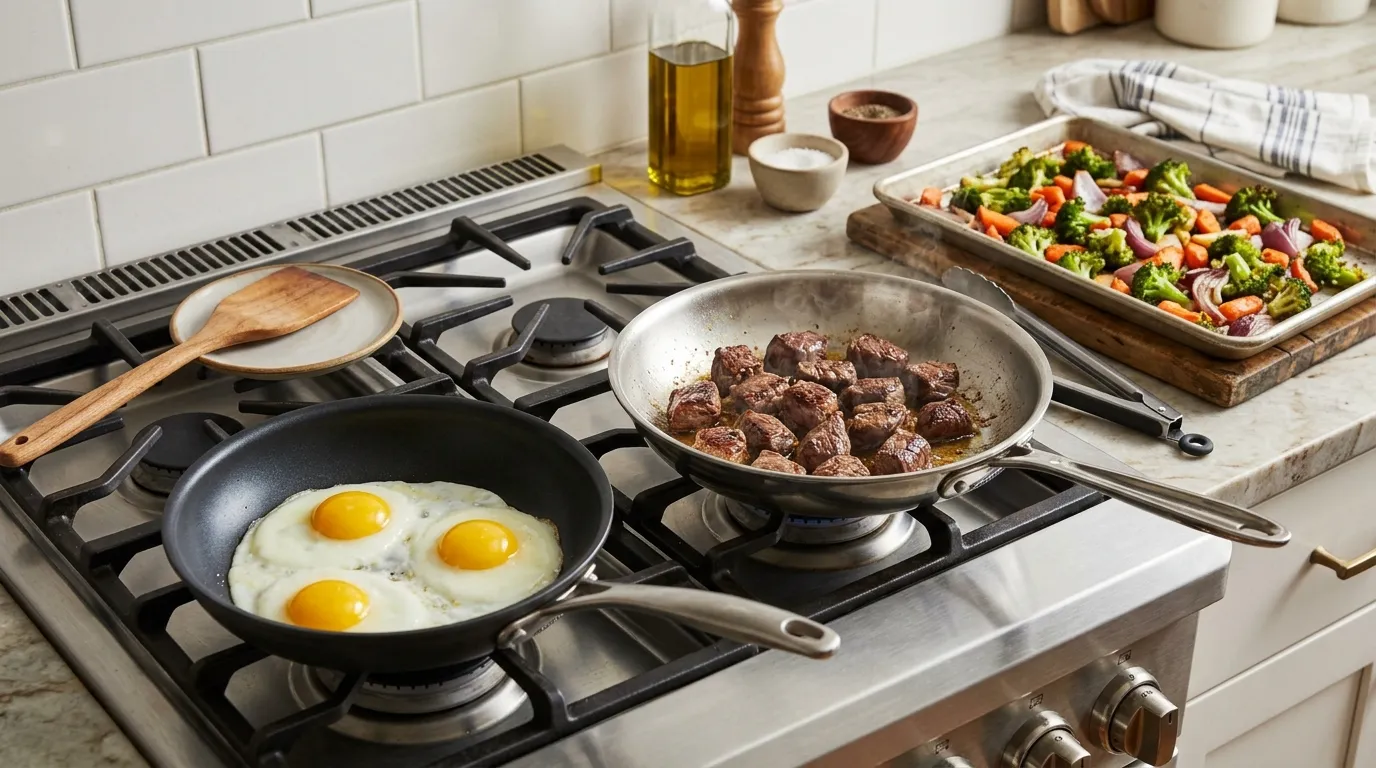 Nonstick skillet with eggs, stainless steel pan for browning meat, and sheet pan of roasting vegetables