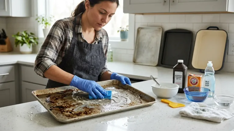 A stained baking sheet being cleaned safely with baking soda paste, mild dish soap, a non-scratch sponge, and a nylon scraper.
