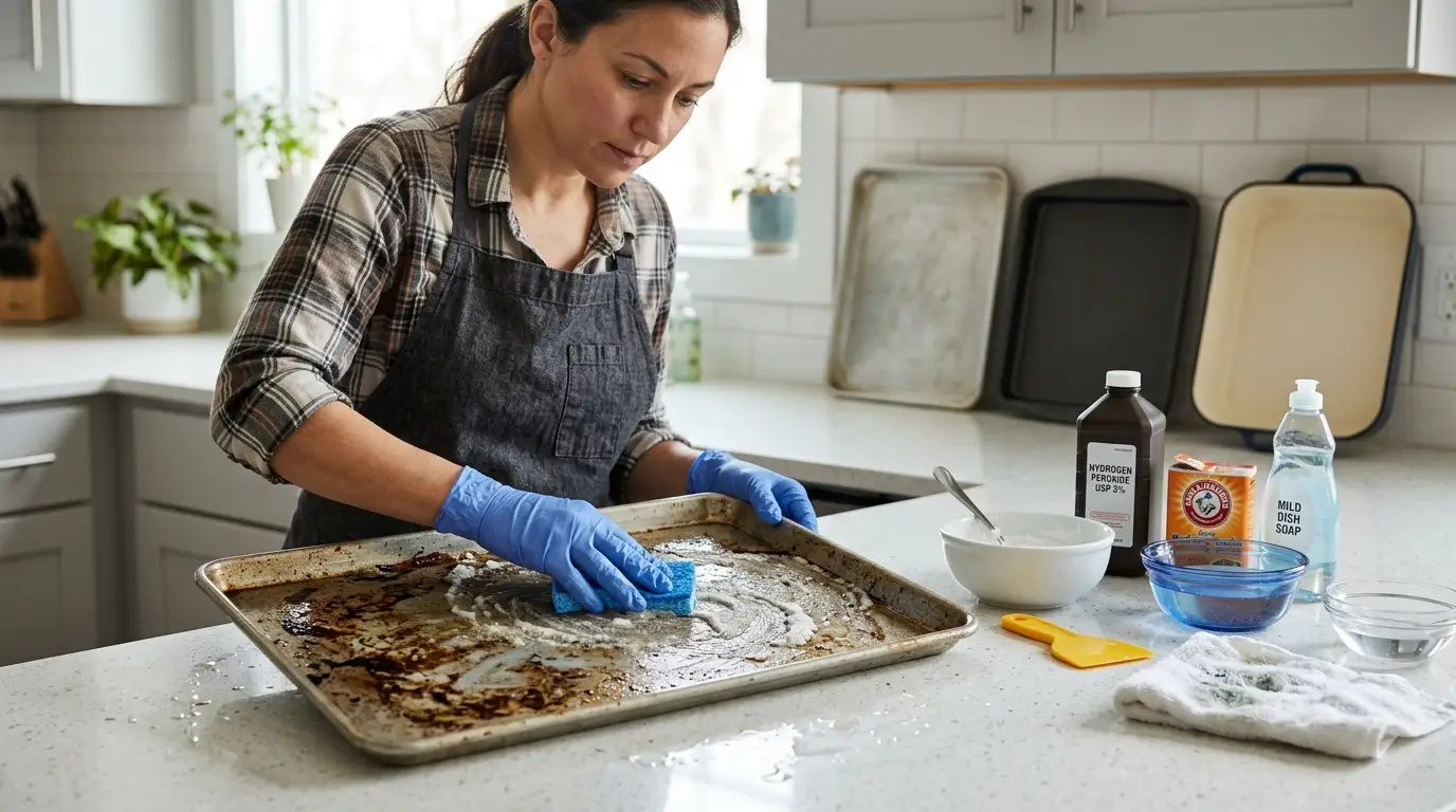 A stained baking sheet being cleaned safely with baking soda paste, mild dish soap, a non-scratch sponge, and a nylon scraper.