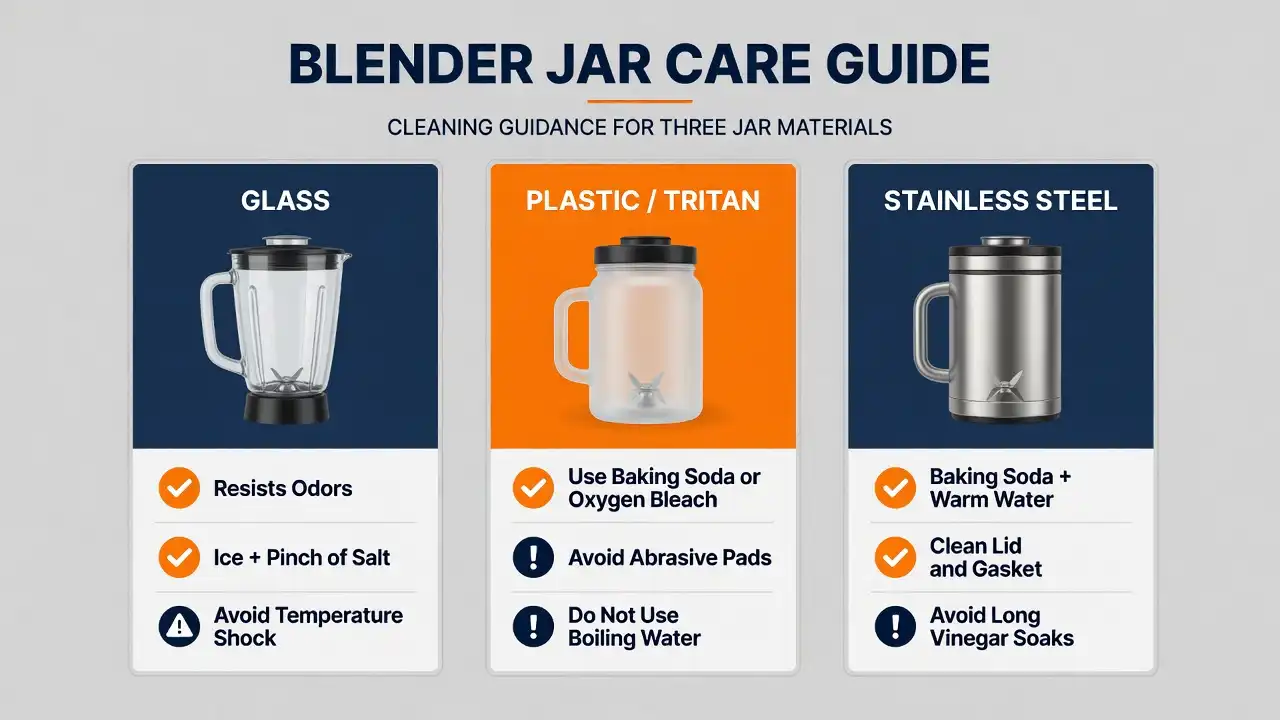 A comparison of suitable cleaning methods and precautions for glass, plastic or Tritan, and stainless steel blender jars.