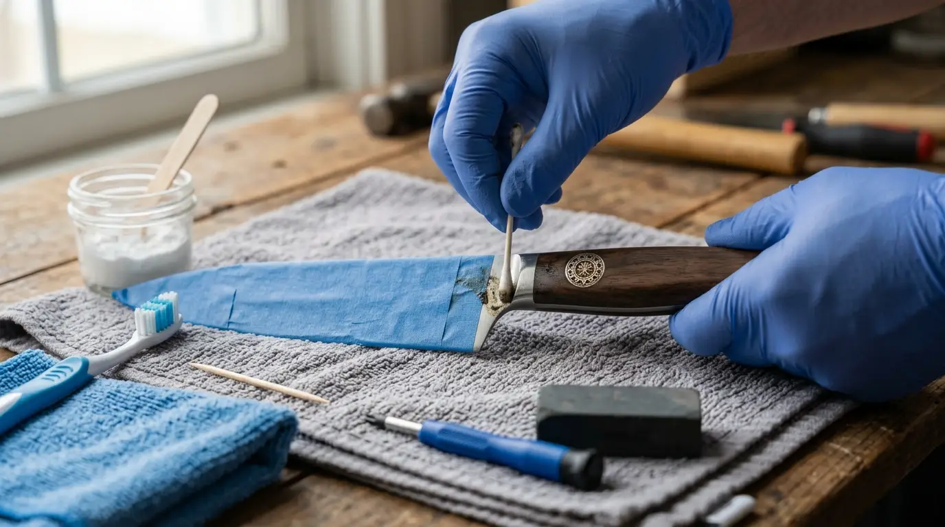 A close-up of a taped kitchen knife handle being cleaned around pins, seams, screws, and the exposed tang with soft tools.