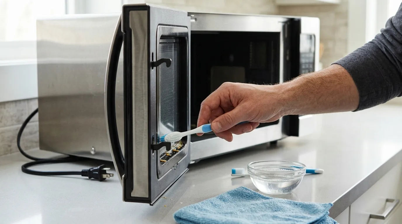 Microwave latch pockets and door seal being cleaned with a soft toothbrush and cloth