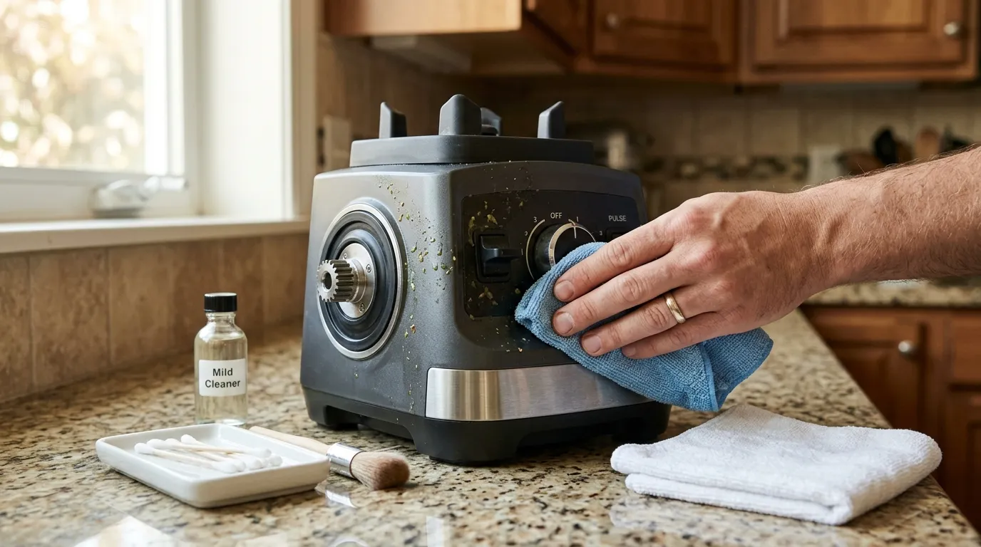 Blender base being cleaned around the controls and coupler after sticky and greasy food residue buildup