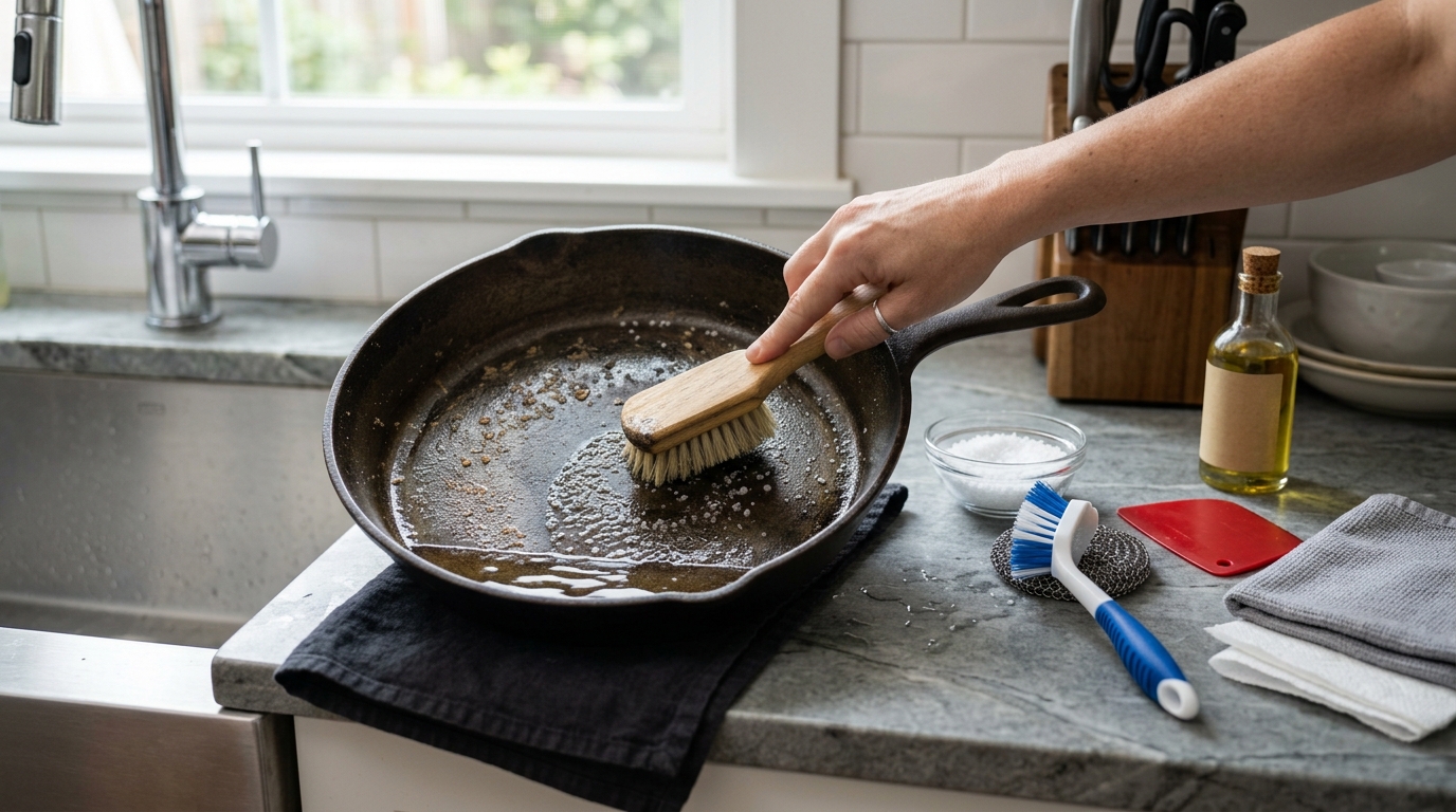 A warm cast-iron skillet being cleaned with coarse salt, hot water, a non-scratch brush, and a thin coat of oil.