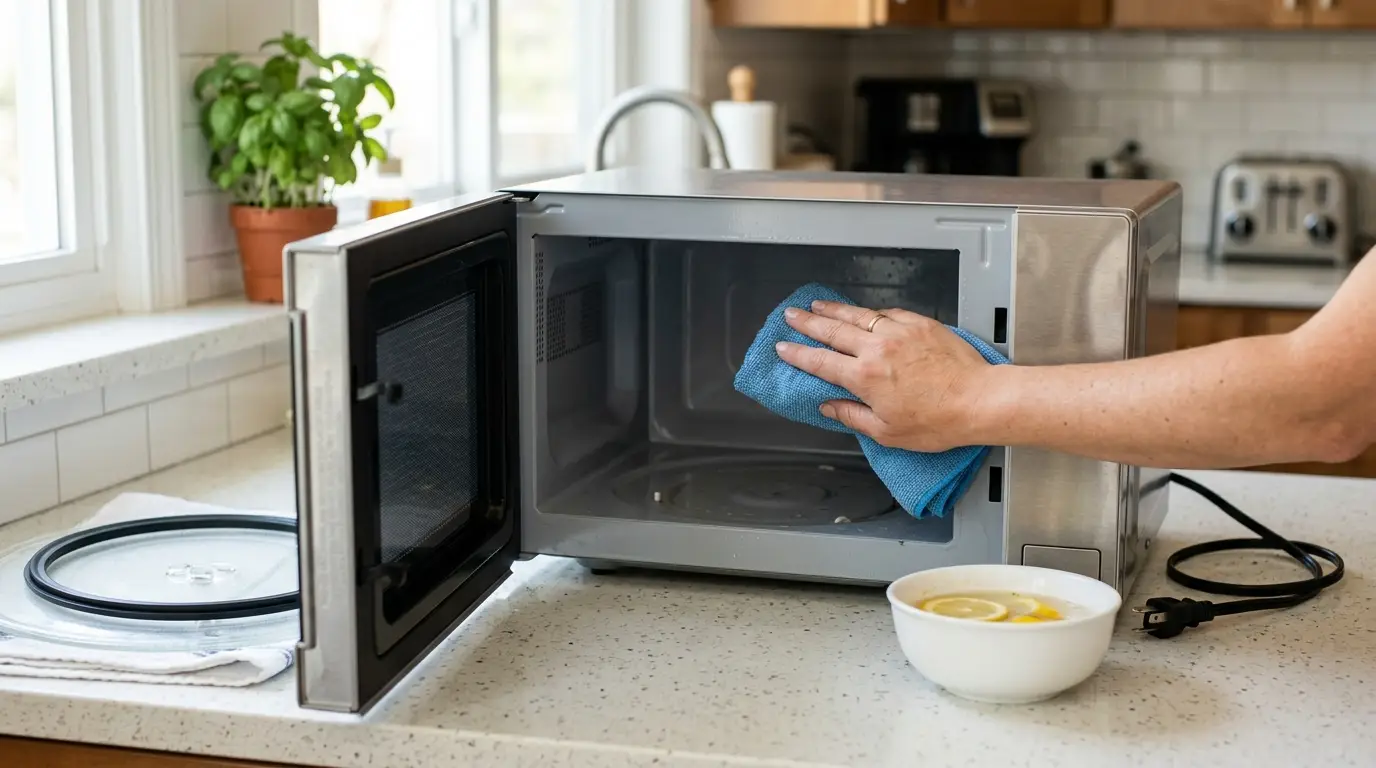 A microwave interior being cleaned with lemon steam while the turntable, roller ring, door seal, and waveguide cover are inspected.