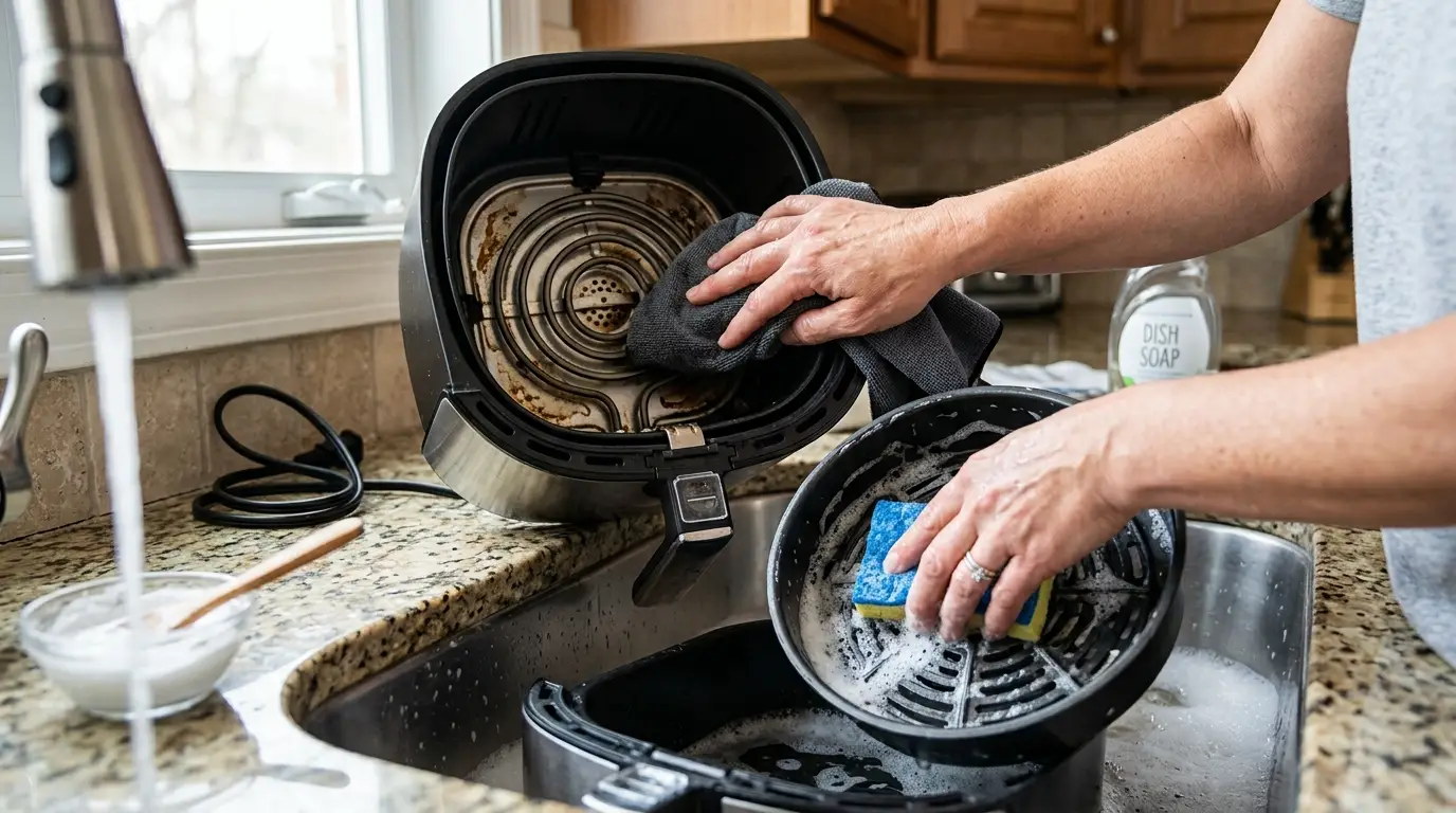 Hands cleaning grease from an air fryer basket, drawer, interior walls, and heating element with a soft sponge and damp cloth.