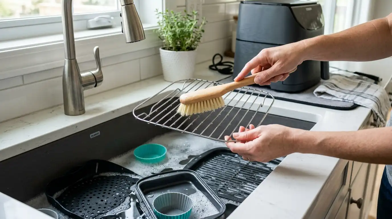 Air fryer racks, silicone liners, and baking accessories being cleaned with warm soapy water and a soft brush.