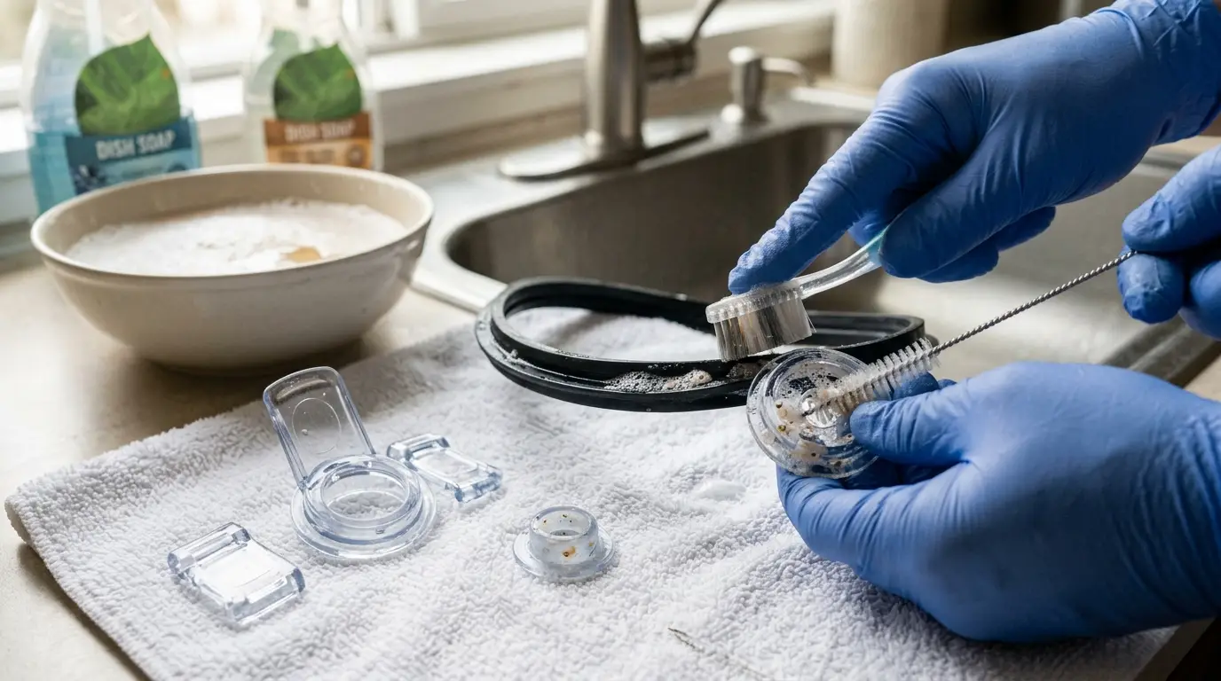 A blender lid gasket, vent cap, and small grooves being cleaned carefully with a toothbrush and narrow straw brush.