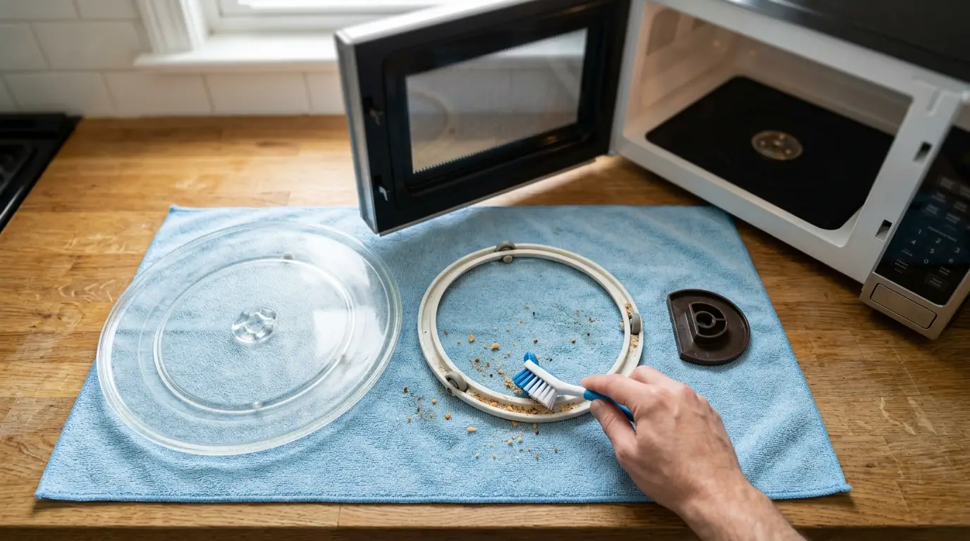 A microwave glass tray, roller ring, wheels, and turntable coupler removed and cleaned on a soft towel.