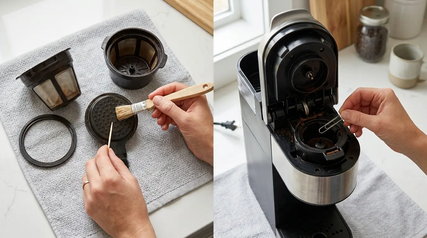 A removable drip coffee maker showerhead and a pod brewer needle being cleaned with a soft brush and wooden toothpick.