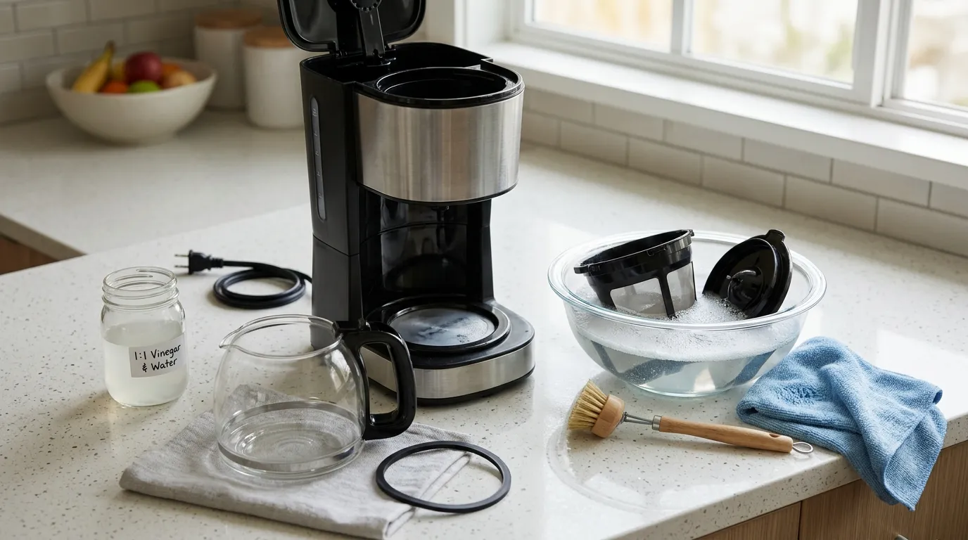 Coffee maker being descaled and cleaned with removable parts and gasket care tools on a kitchen counter