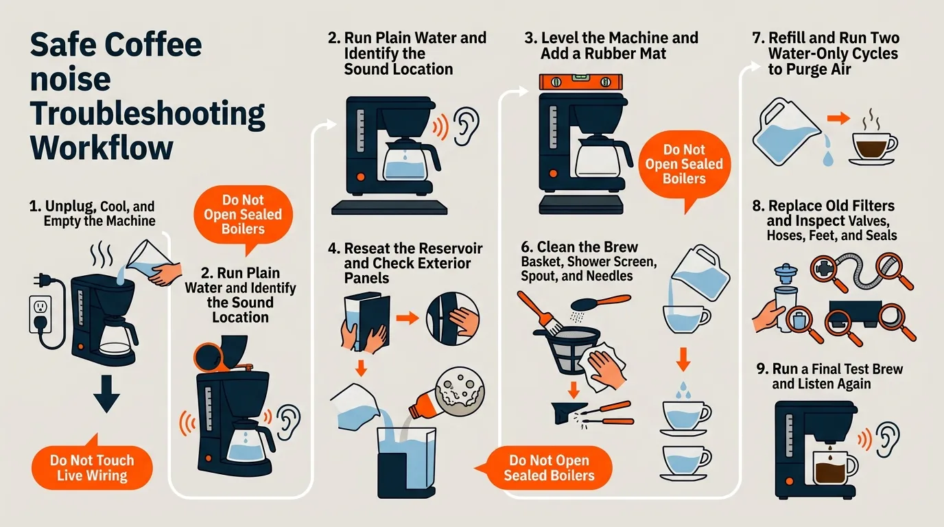 A step-by-step workflow for locating coffee maker noise, reducing vibration, descaling, clearing clogs, purging air, and checking parts.