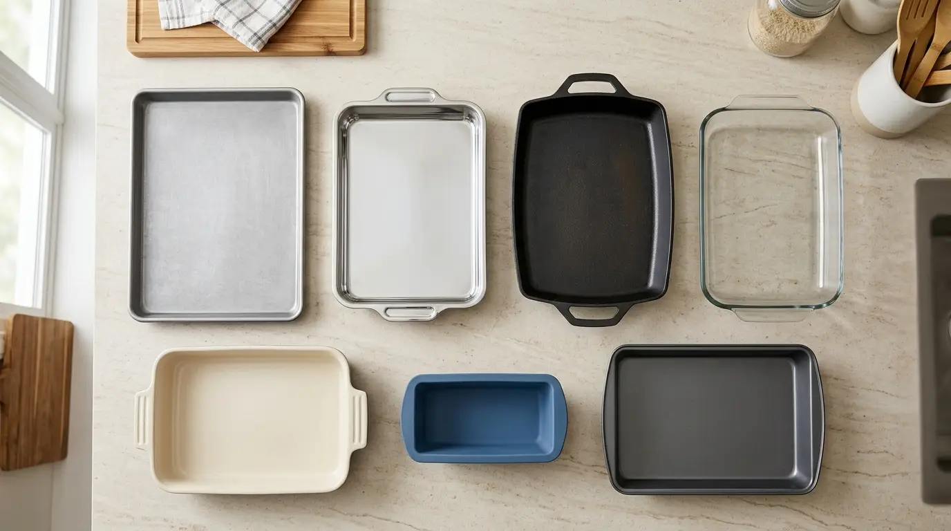Aluminum, stainless steel, cast iron, glass, ceramic, silicone, and nonstick bakeware arranged for a material comparison.
