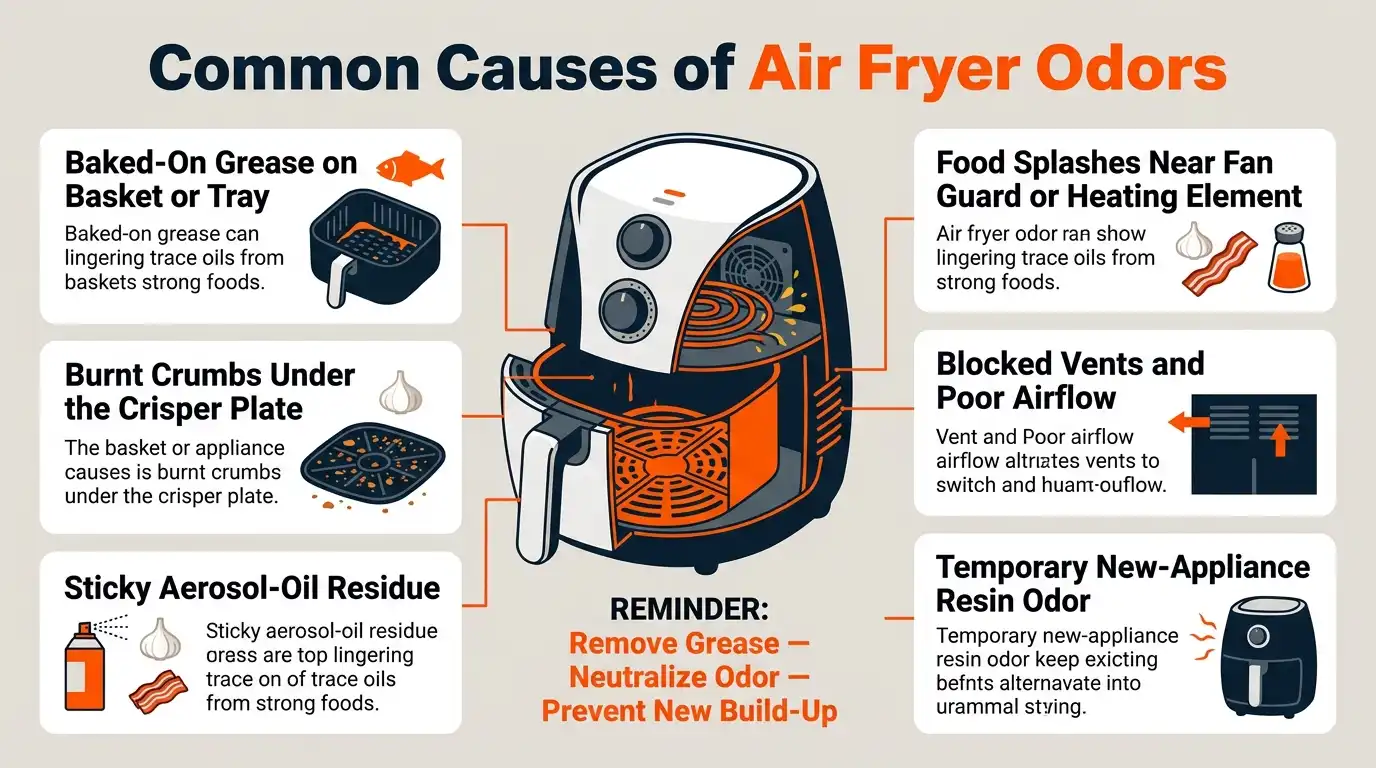 An infographic showing baked-on grease, burnt crumbs, oil residue, splashes near the heating area, blocked vents, and new-appliance odors.