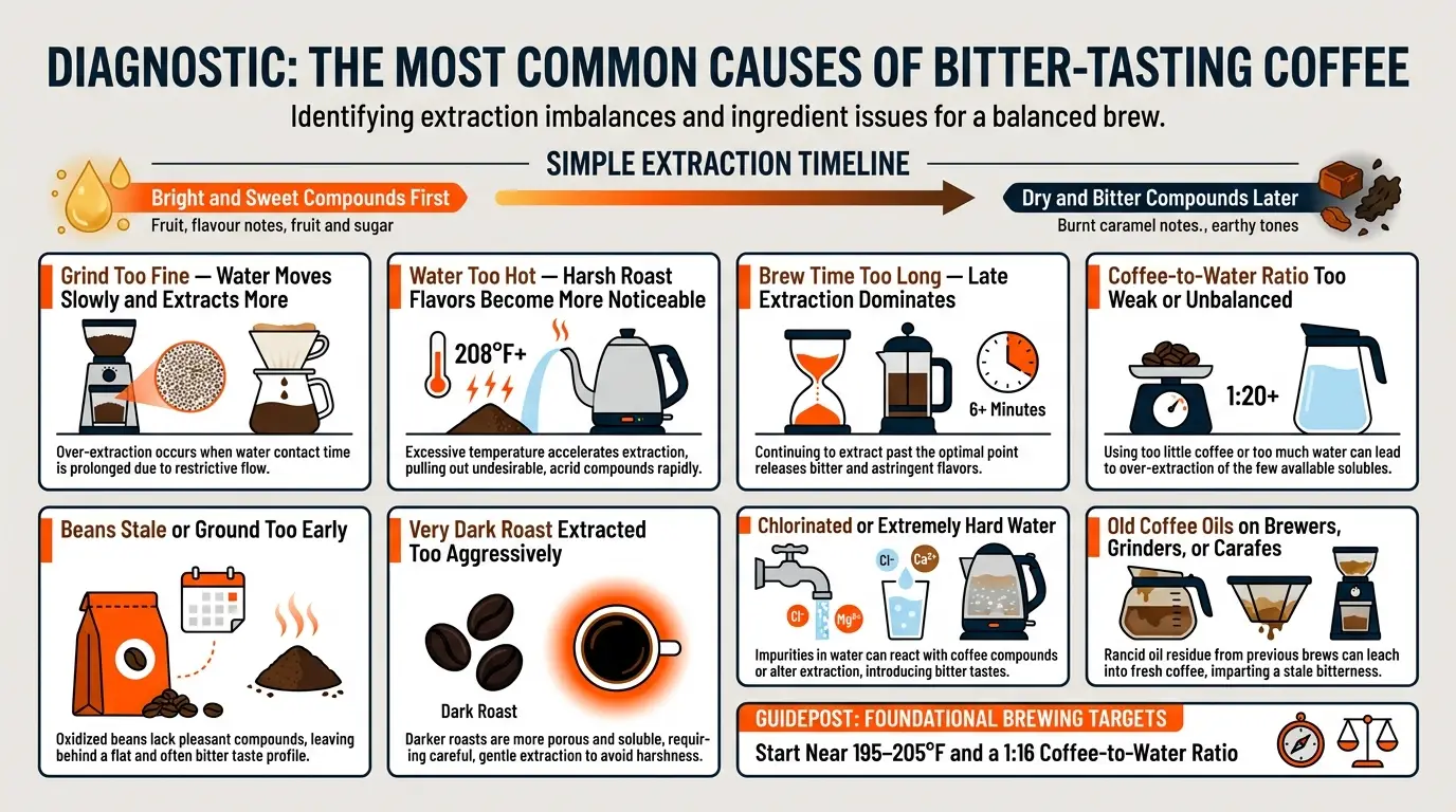An infographic showing over-extraction, fine grounds, high water temperature, long brew time, stale beans, poor water, dark roasts, and dirty equipment.