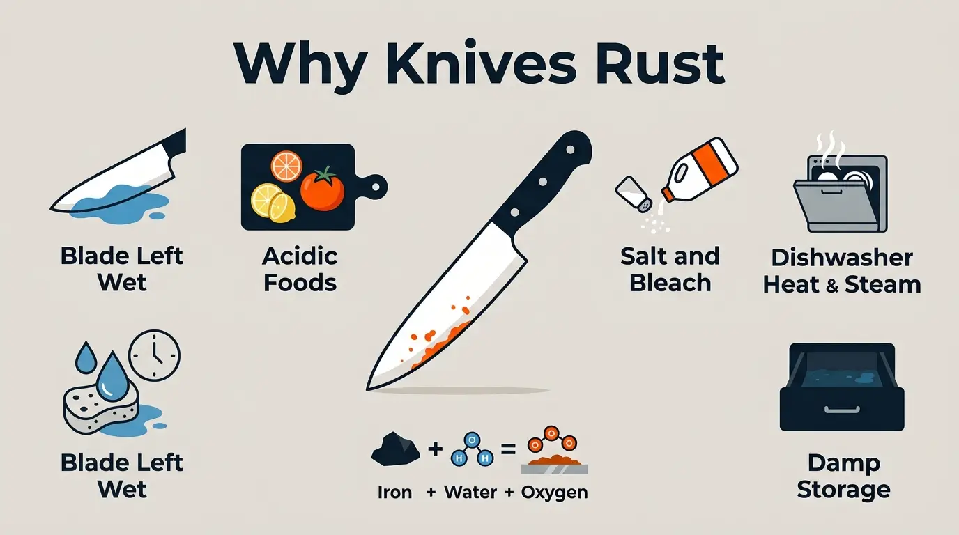 Infographic showing moisture, acidic food, salt, dishwasher exposure, and damp storage as common causes of knife rust.