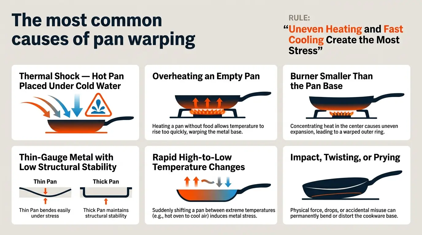 A guide showing thermal shock, empty high-heat preheating, undersized burners, thin metal, rapid temperature changes, and impact damage.