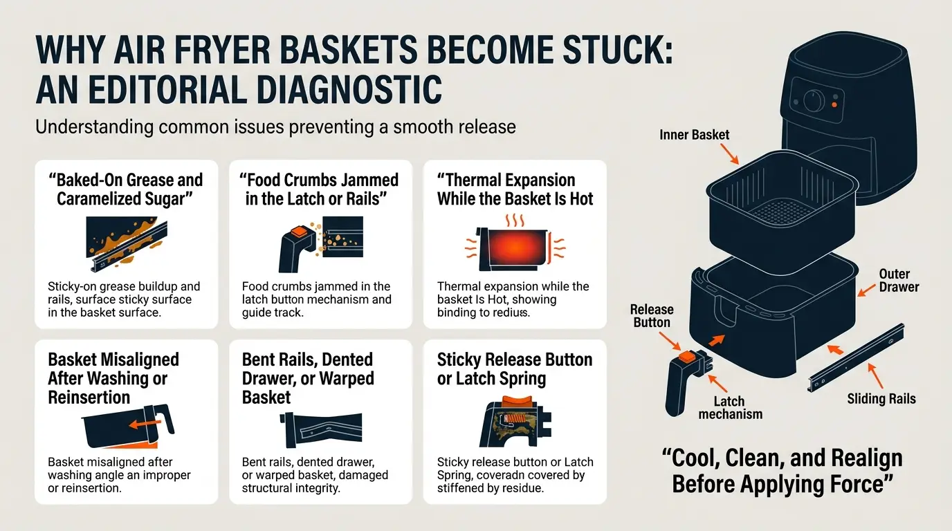 An infographic showing grease buildup, burnt sugar, crumbs, thermal expansion, misalignment, bent rails, and sticky latch mechanisms.