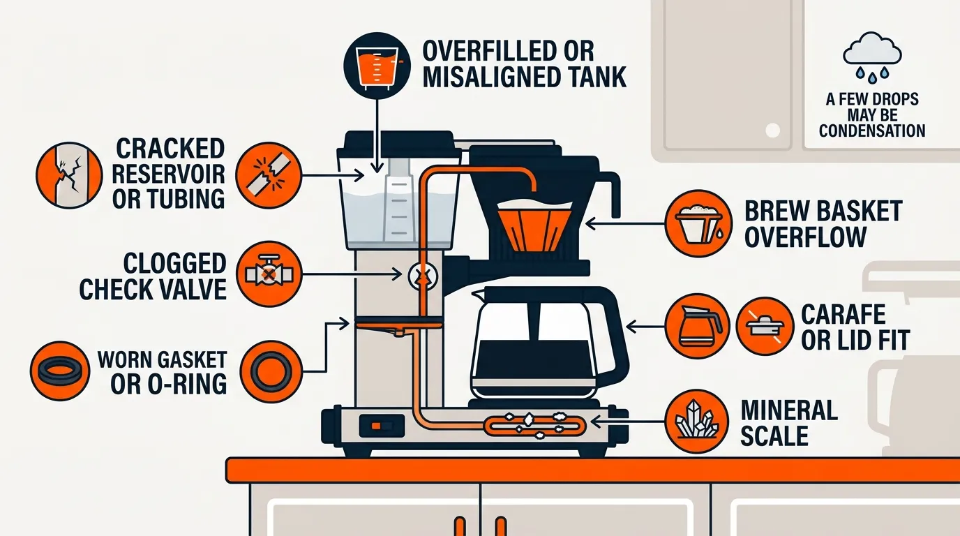 Coffee maker showing reservoir, gasket, brew basket, tubing, and carafe areas that can cause water leaks