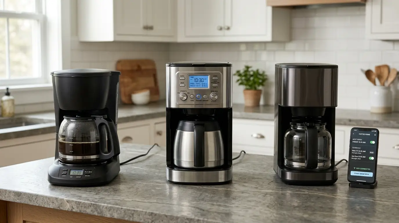 Basic delay-brew controls, advanced programmable settings, and smartphone scheduling shown across three coffee maker timer setups.