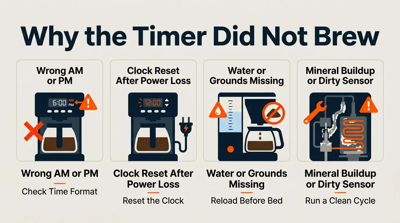 Troubleshooting infographic showing incorrect AM or PM settings, power loss, missing water or grounds, and mineral buildup as causes of timer failure.