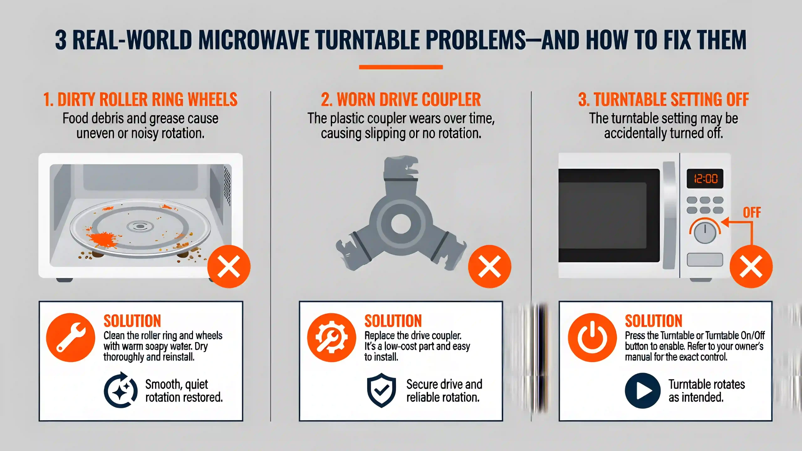 Infographic illustrating common microwave turntable issues including dirty roller wheels, worn drive coupler, and turntable setting turned off.
