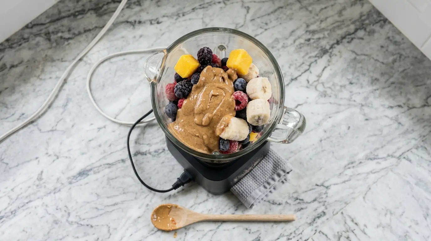 An overfilled blender jar with a thick mixture, blocked base vents, large frozen pieces, and too little liquid demonstrating common overheating causes.