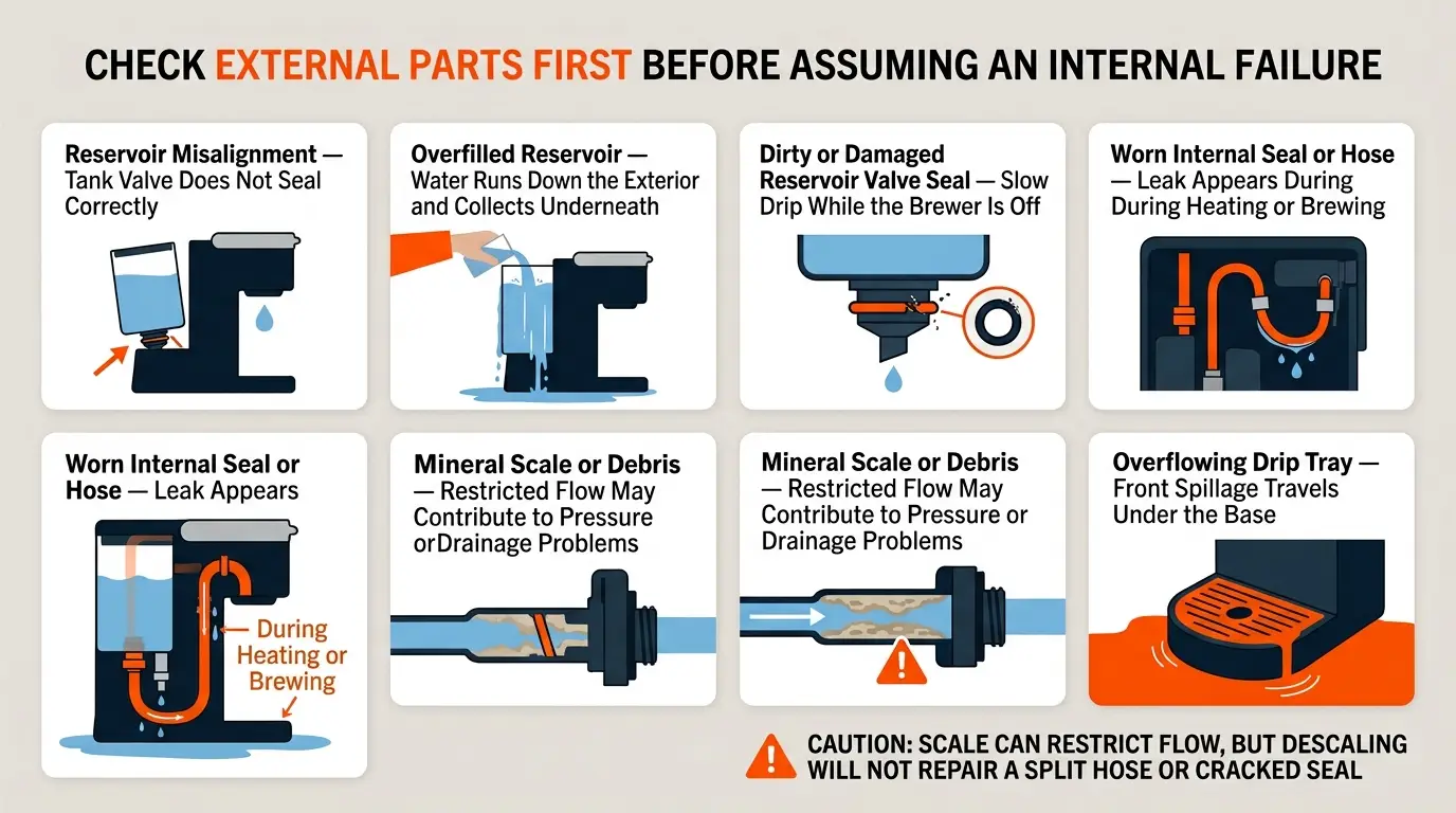 An infographic showing reservoir misalignment, overfilling, damaged seals, cracked hoses, scale buildup, and drip-tray overflow.