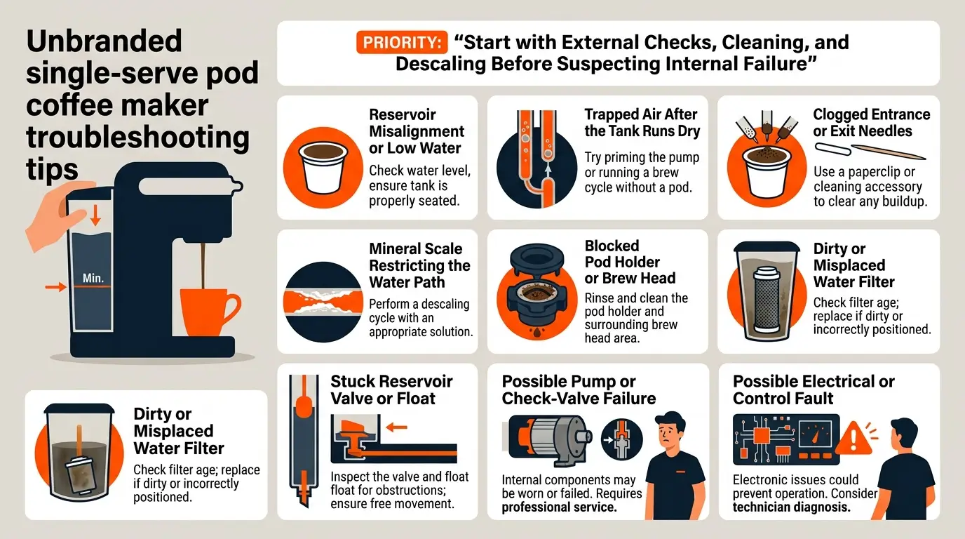 An infographic showing reservoir problems, trapped air, clogged needles, mineral scale, blocked filters, and possible internal component failure.
