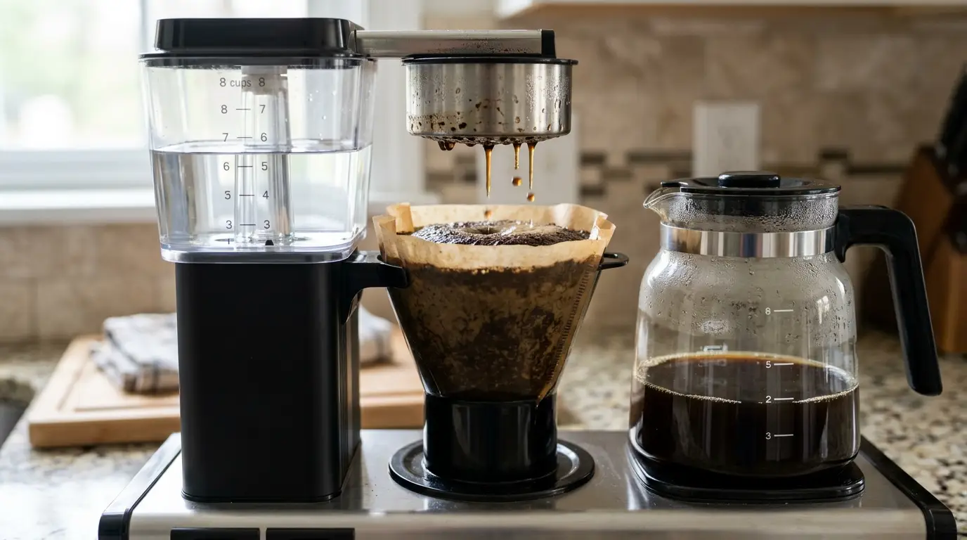 A drip coffee maker with water left in the reservoir, an overflowing filter basket, weak dripping, and a partially filled carafe.