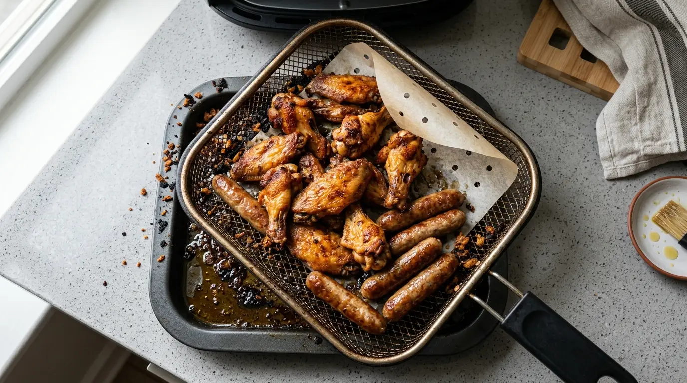 An overcrowded air fryer basket with fatty food, pooled grease, burnt crumbs, excess oil, and a loose parchment liner.