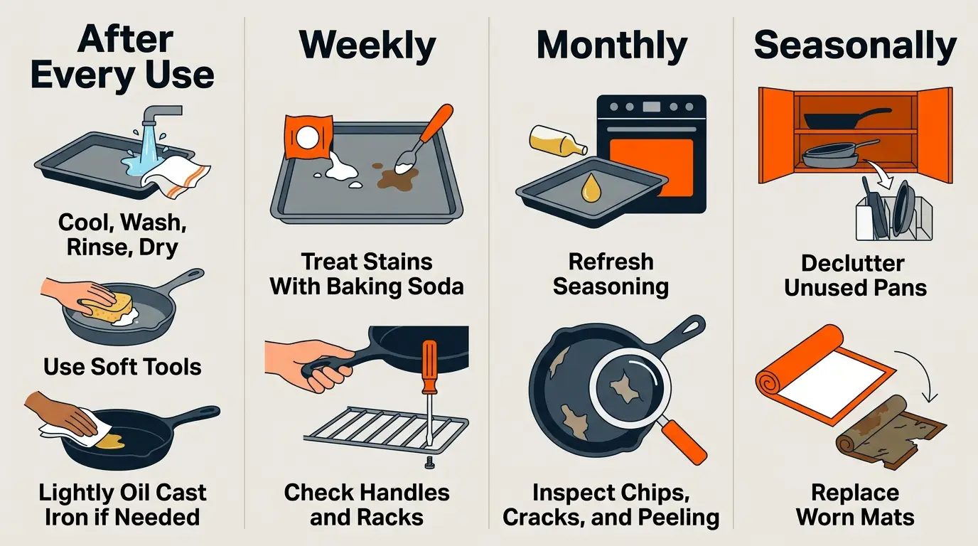 Maintenance schedule showing after-use, weekly, monthly, and seasonal bakeware care tasks.
