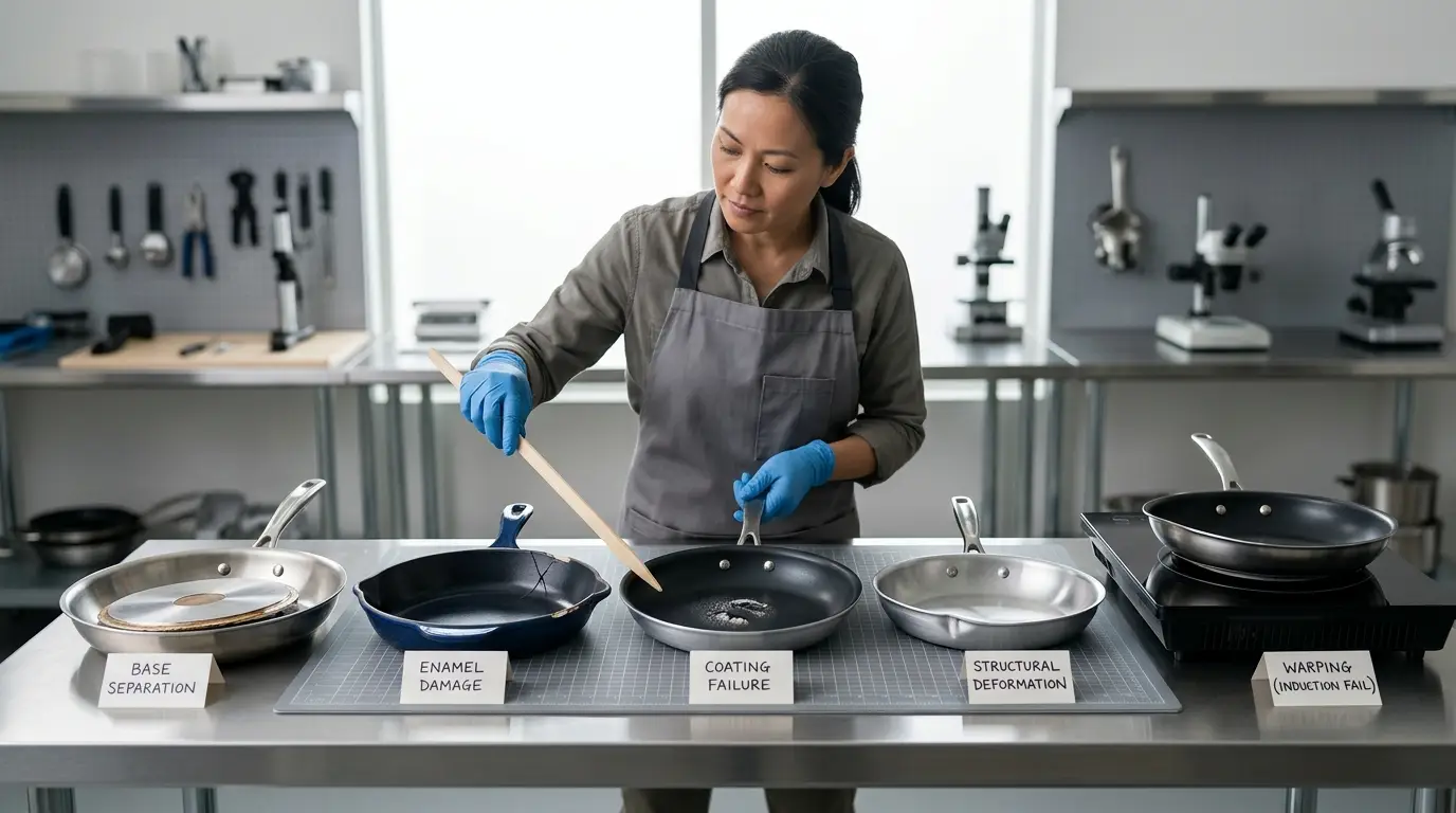 Several damaged pans showing a loose base disc, chipped enamel, bubbling nonstick coating, a deep crease, and severe cooktop wobble.