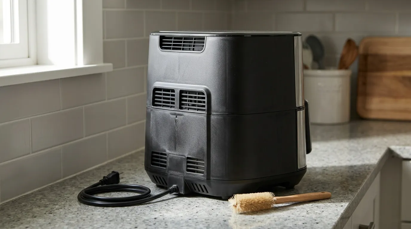 Air fryer cooling unplugged with clear ventilation space around the appliance and clean air vents