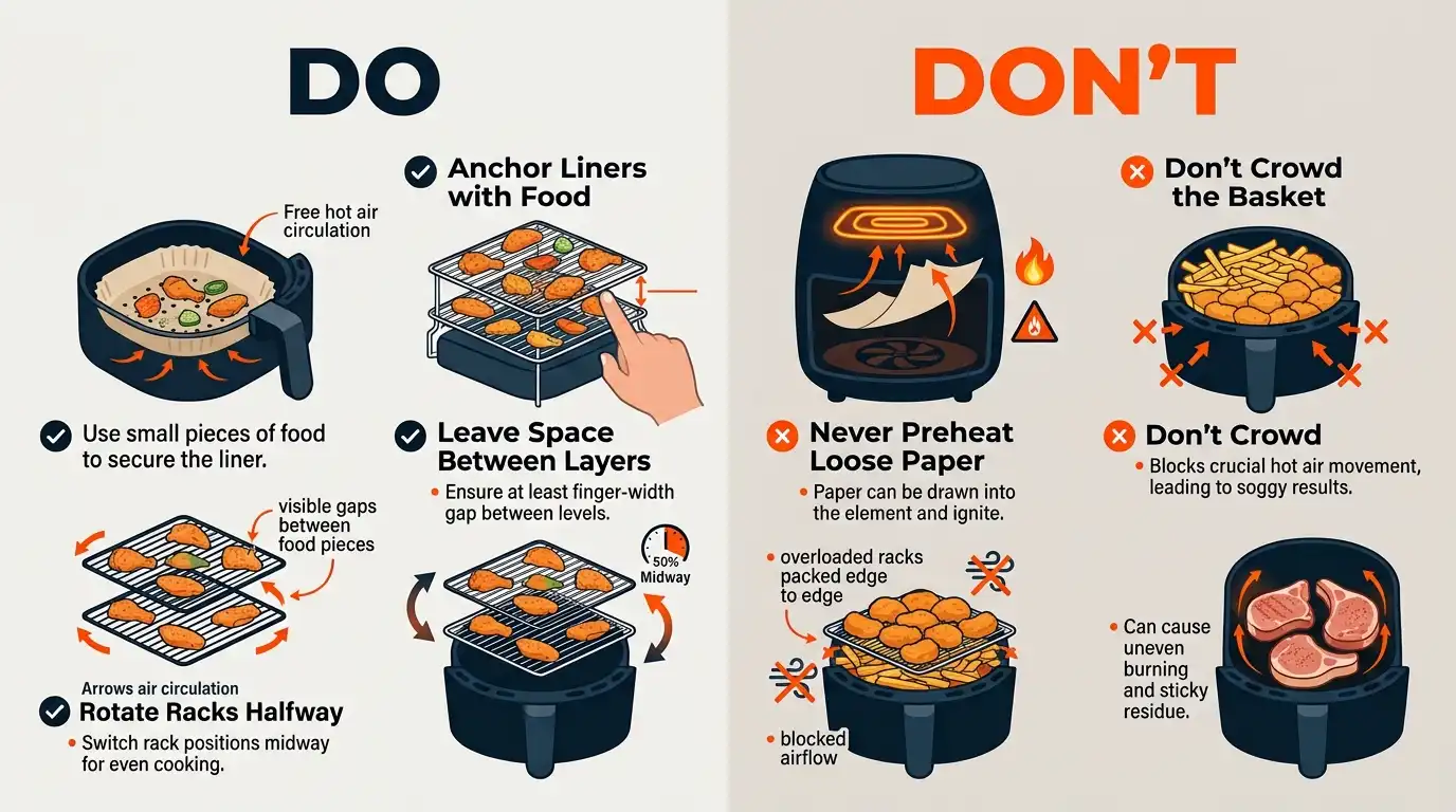 A do-and-don’t comparison showing properly spaced food on air fryer racks and a liner anchored safely beneath food.