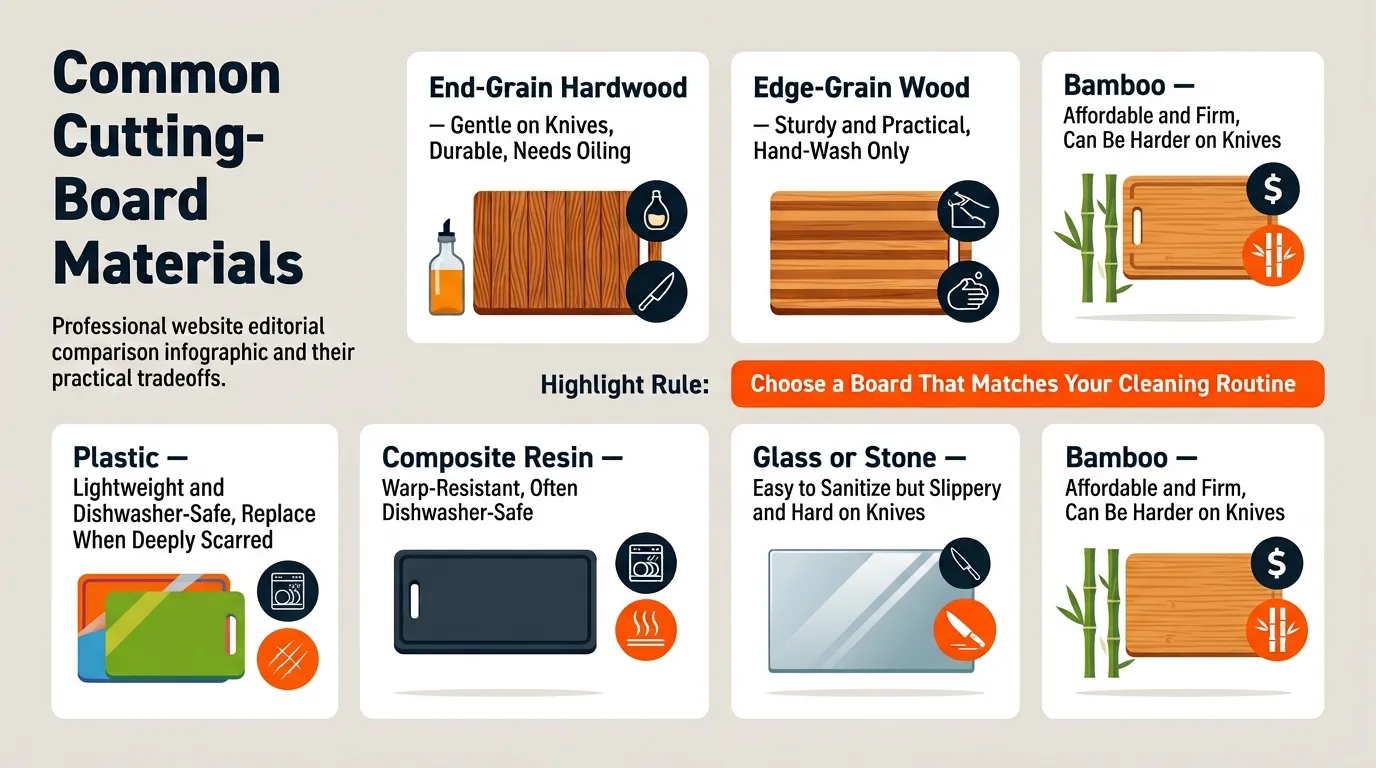 A comparison of end-grain wood, edge-grain wood, bamboo, plastic, composite, glass, and stone cutting boards.