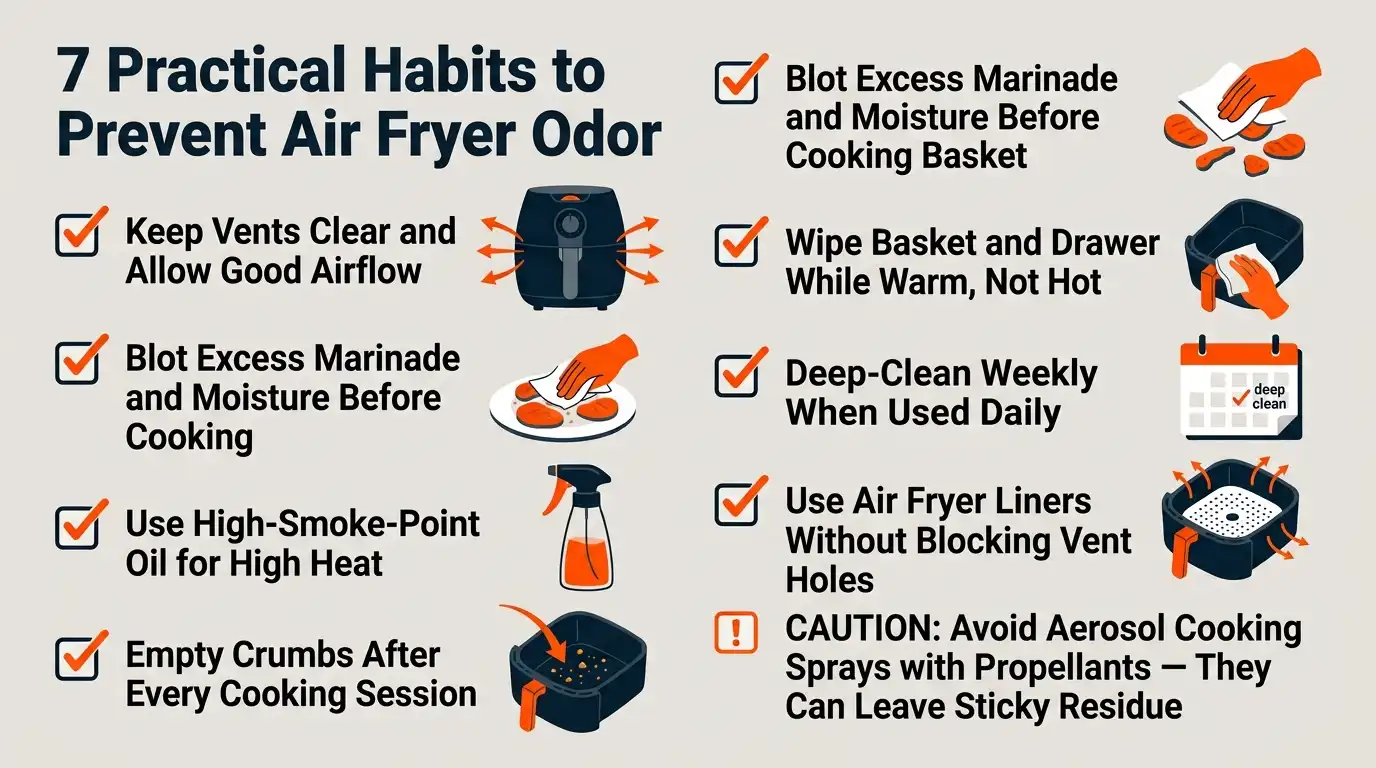 A prevention checklist showing clear vents, reduced moisture, high-smoke-point oil, crumb removal, warm wiping, and weekly deep cleaning.