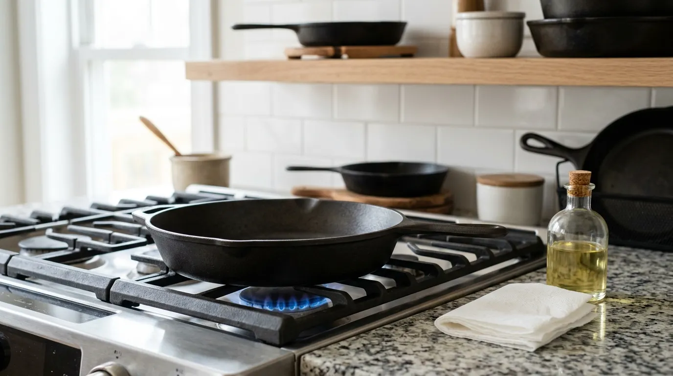 Cast iron skillet being dried over low heat, lightly oiled, and prepared for breathable storage