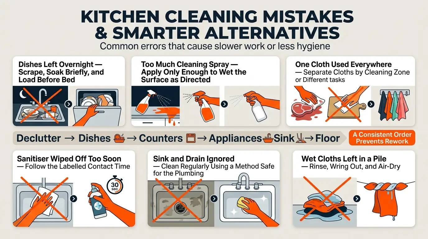An infographic warning against leaving dishes overnight, over-spraying cleaner, reusing one cloth everywhere, ignoring contact time, and leaving tools damp.