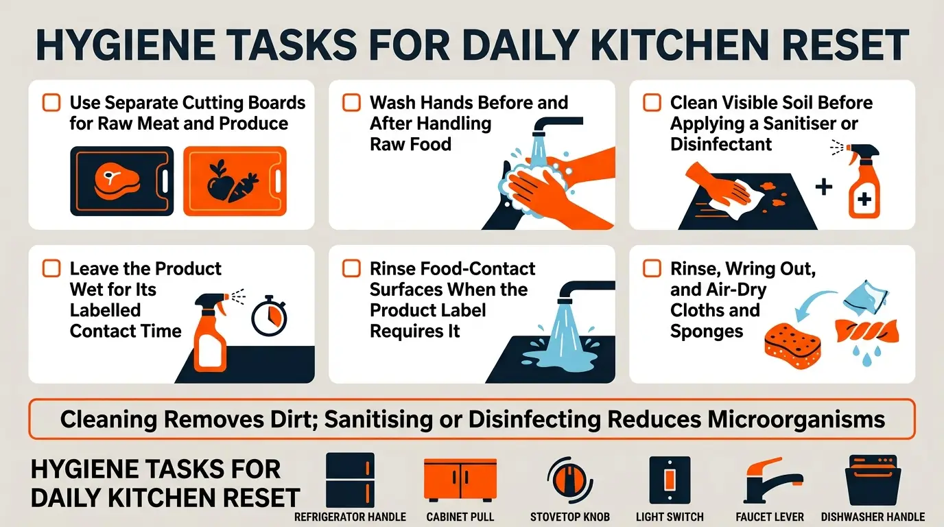 A food-safety guide showing separate cutting boards, handwashing, disinfectant contact time, dry cloth storage, and daily cleaning of high-touch areas.
