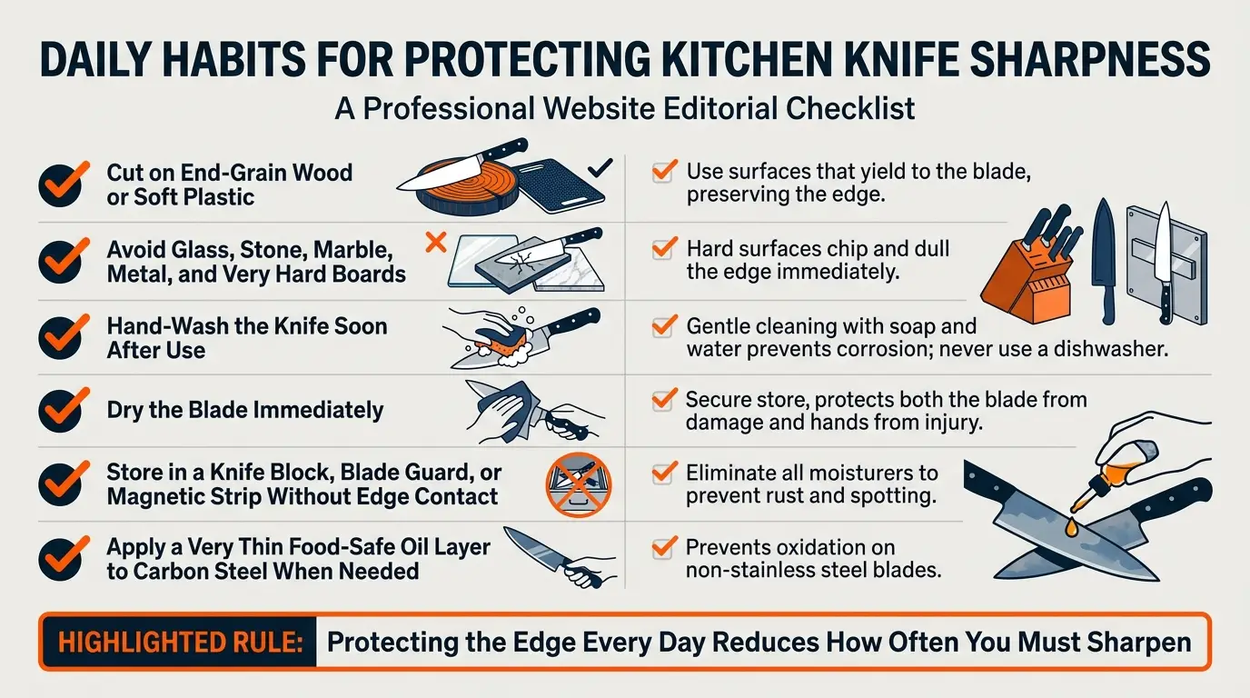 A daily knife-care checklist showing soft cutting boards, hand washing, immediate drying, safe storage, and carbon-steel oiling.