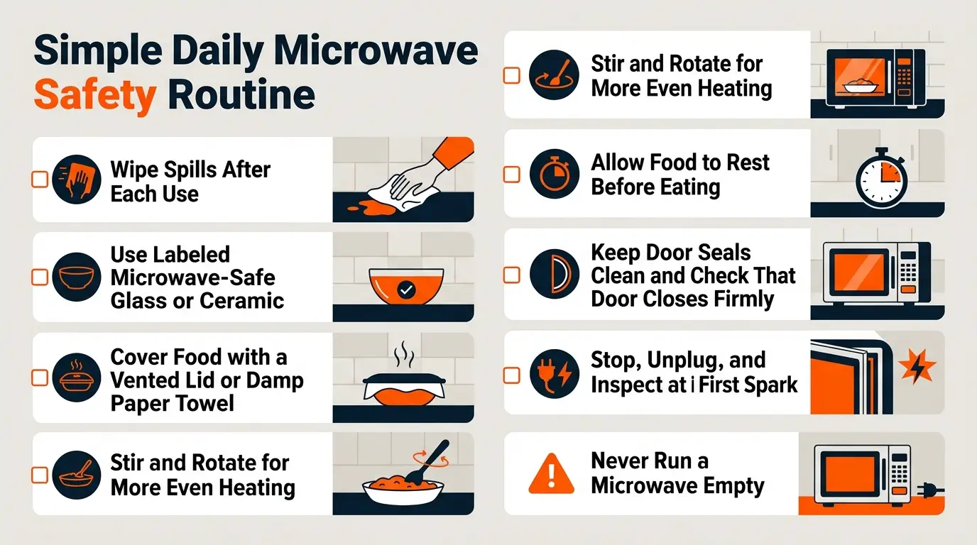 A daily microwave safety guide showing spill cleanup, safe containers, vented covers, stirring, rest time, clean seals, and spark response.