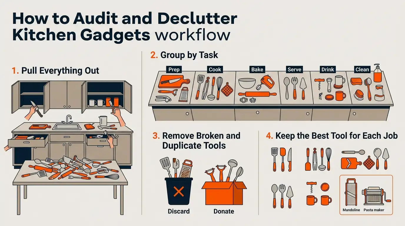 A four-step organization process showing kitchen gadgets being removed, tested, grouped by task, and reduced to the most useful tools.