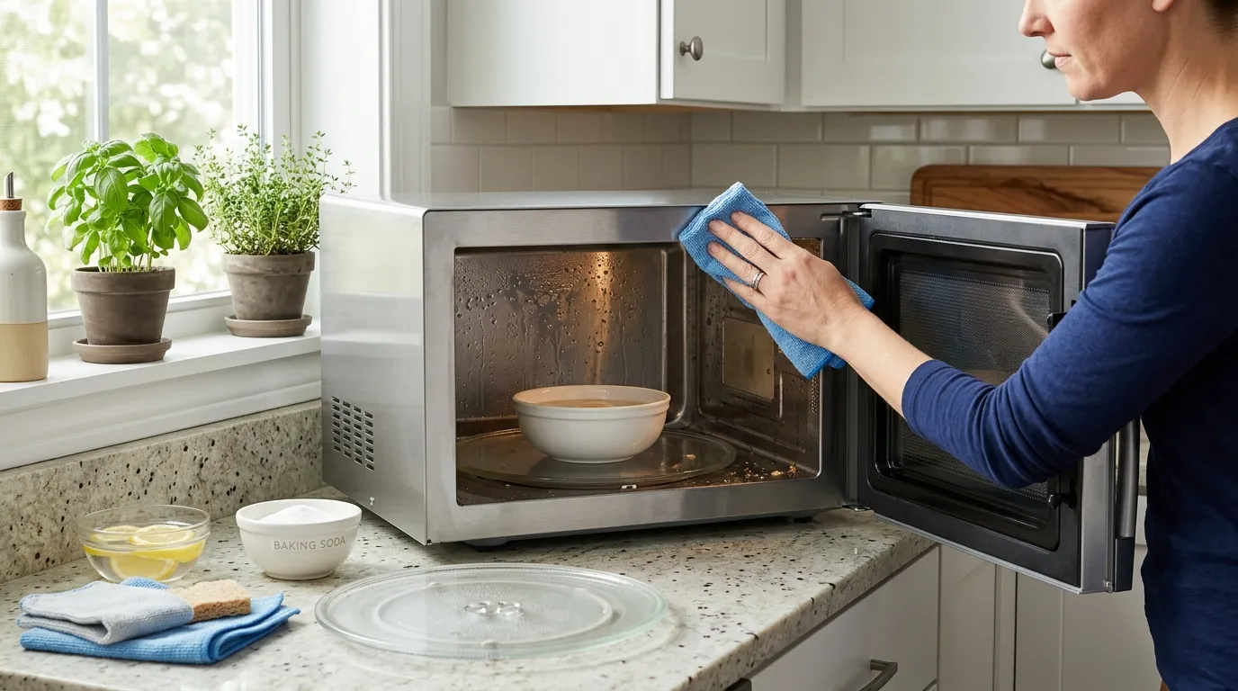 Microwave interior being steam cleaned with water and vinegar while baked-on residue is gently removed