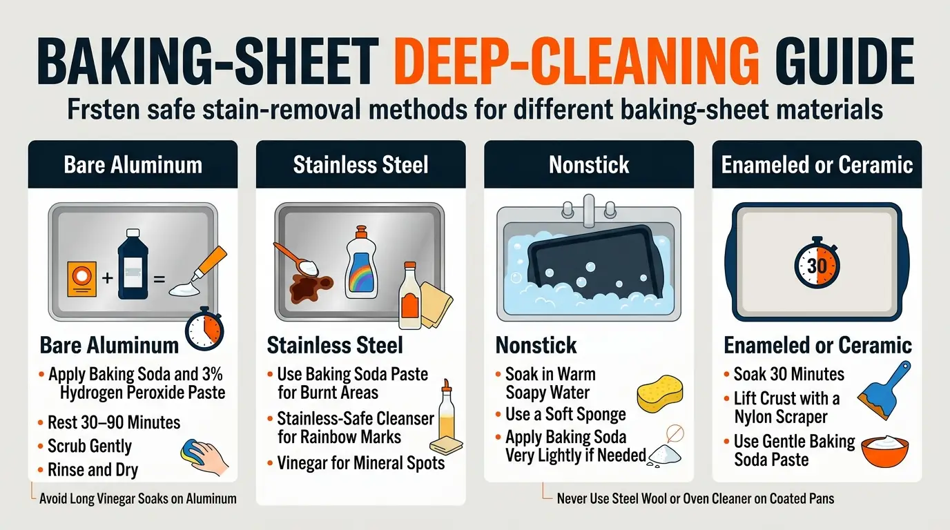 A guide showing material-safe deep-cleaning methods for aluminum, stainless steel, nonstick, enamel, and ceramic baking sheets.